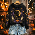 Women's Gothic Black Cute Ghost, Black Cat, Crescent Moon And Star Print Hoodie