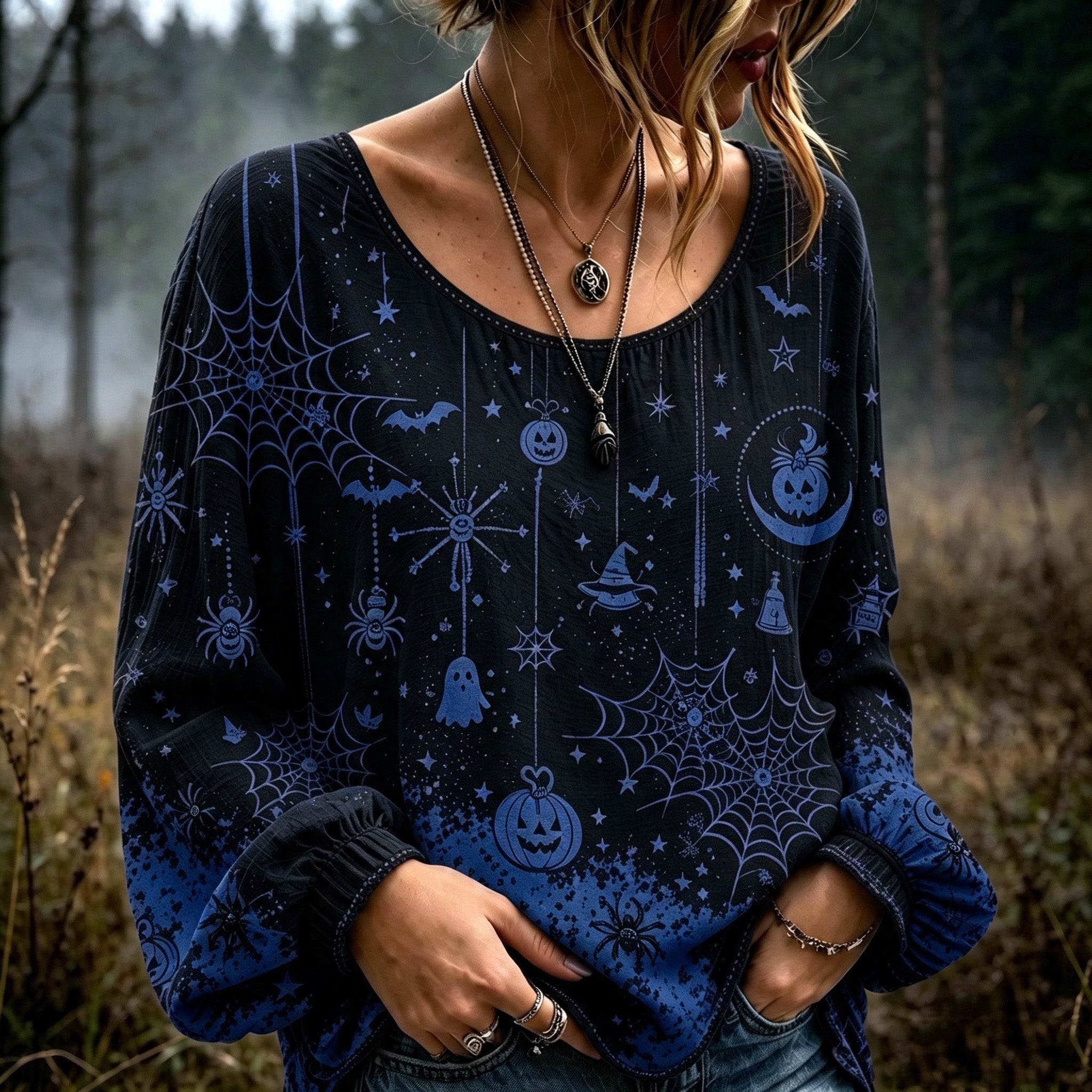 Women's Halloween-themed Spiderweb And Pumpkin Embroidered Print Top