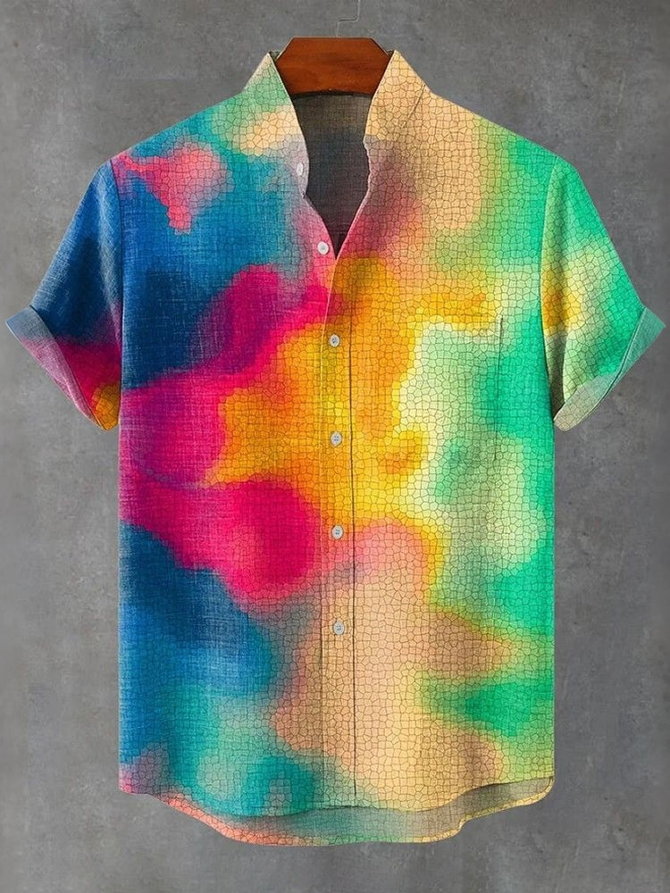 Vintage Rainbow Mottled Art Cat Print Casual Cotton Shirt