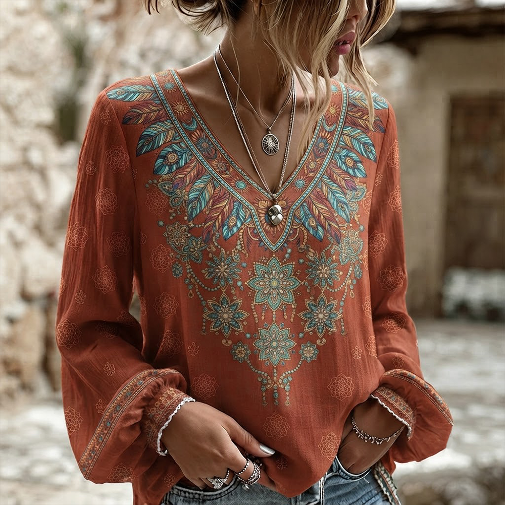 Women's Boho Tribal Feather And Mandala Print Long Sleeve V-neck Blouse