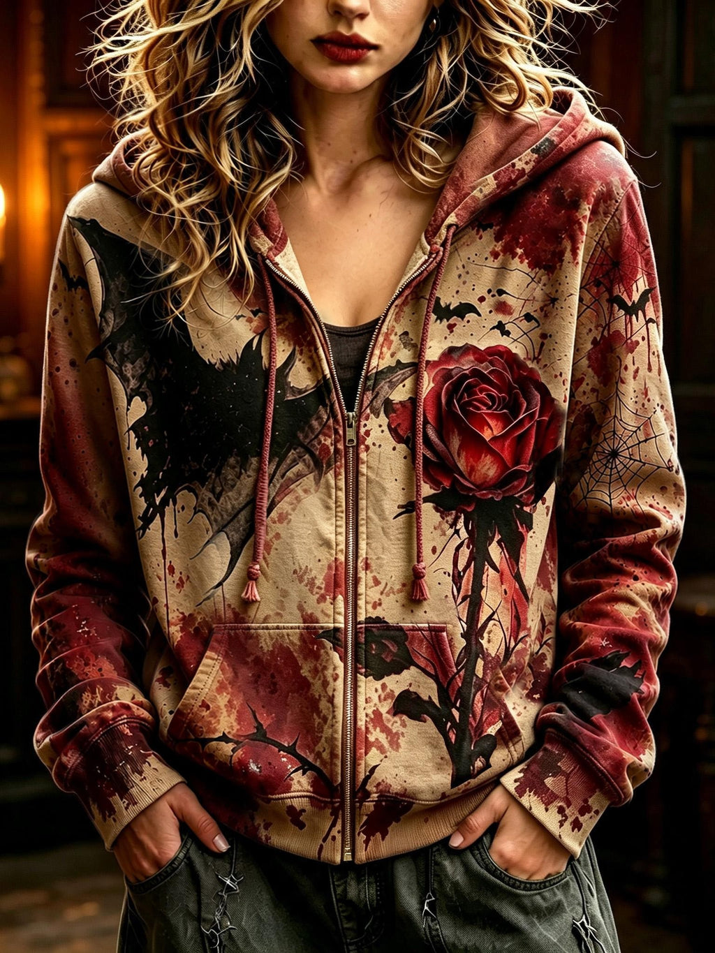 Women's Retro Halloween Bat And Rose Print Sweatshirt Jacket