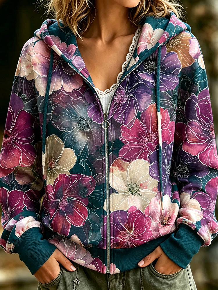 Women's Retro Floral Art Print Zipper Hoodie