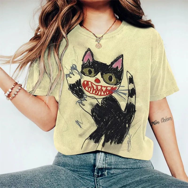 Women's Horror Cat Crayon Art Print Short Sleeve T-shirt