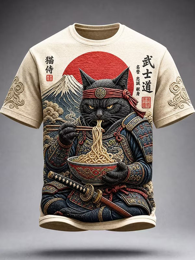 Men's Black Cat Samurai Eats Ramen Print Casual T-shirt