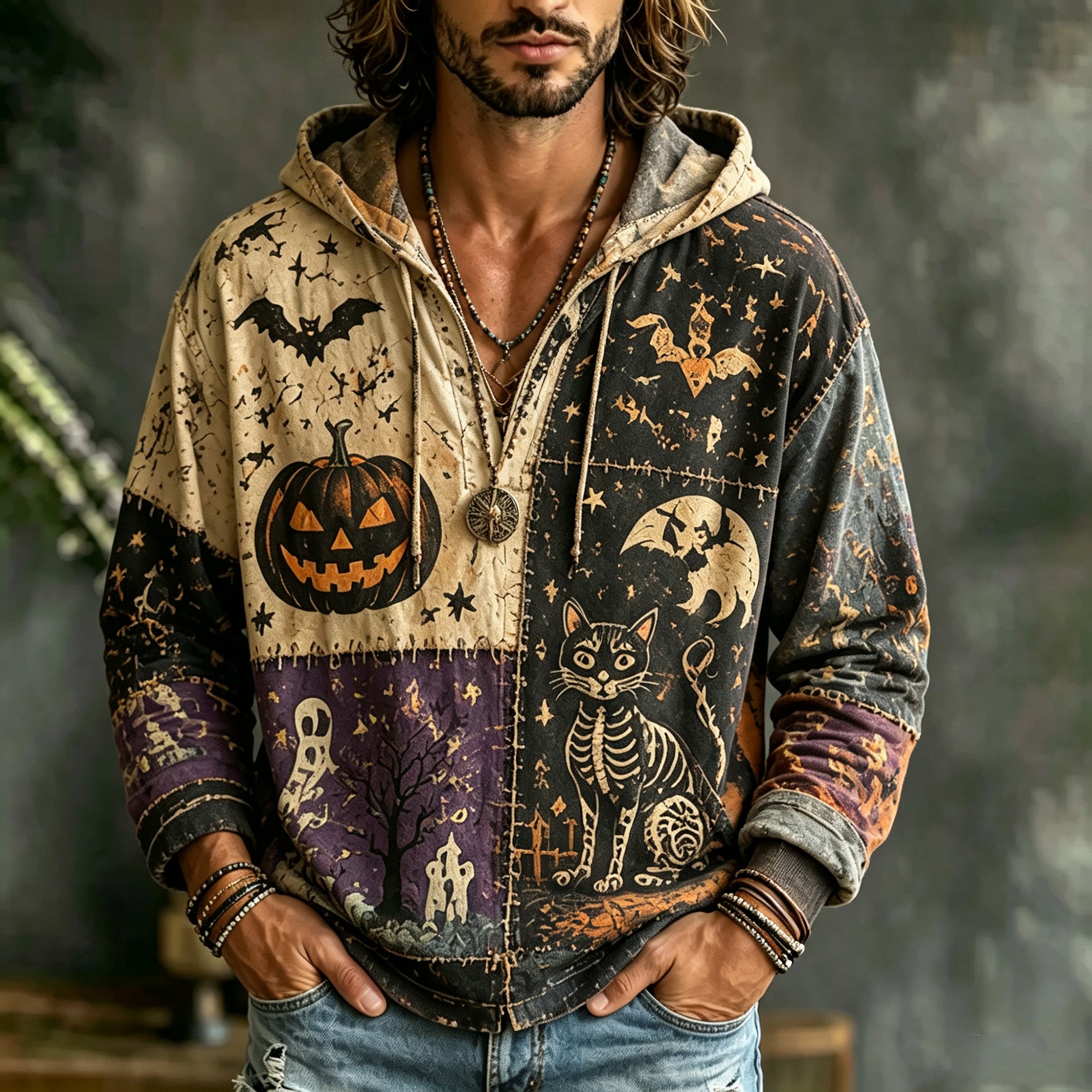 Vintage Distressed Patchwork Halloween Jack O Lantern Bat Skeleton Cat Haunted House Graphic Hooded Sweatshirt