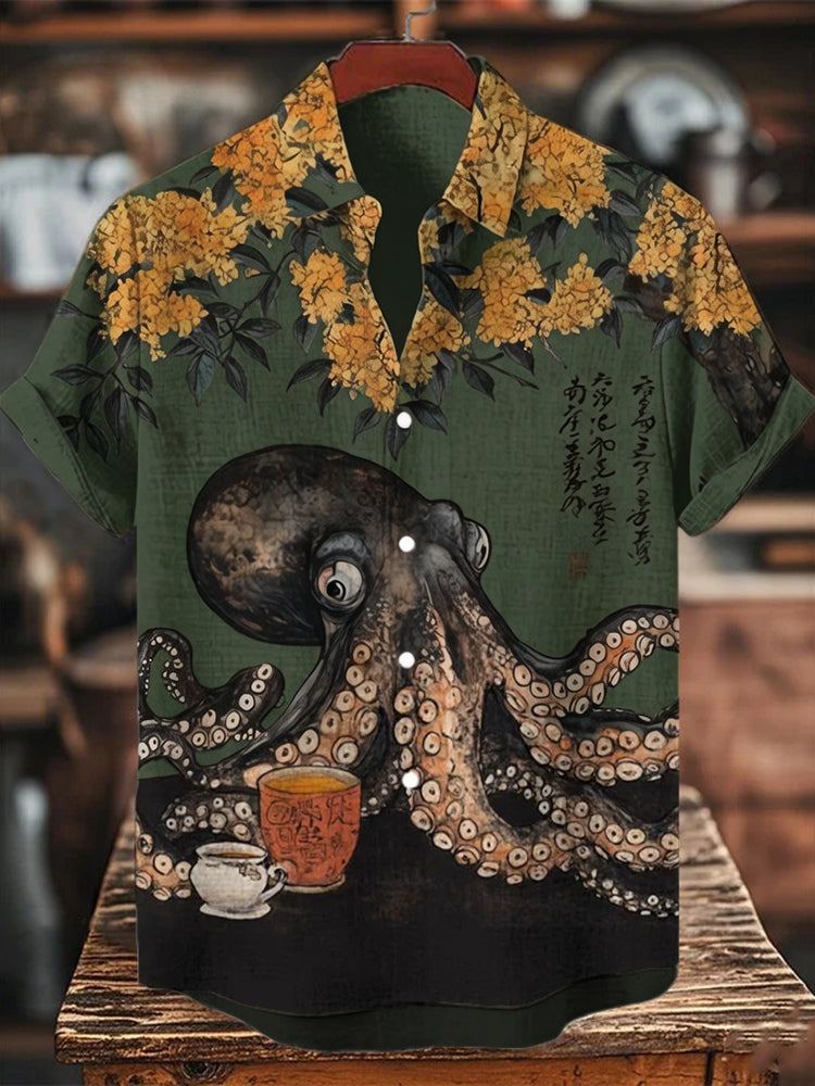 Men's Octopus Drinking Tea Under The Osmanthus Tree Art Print Short Sleeve Shirt