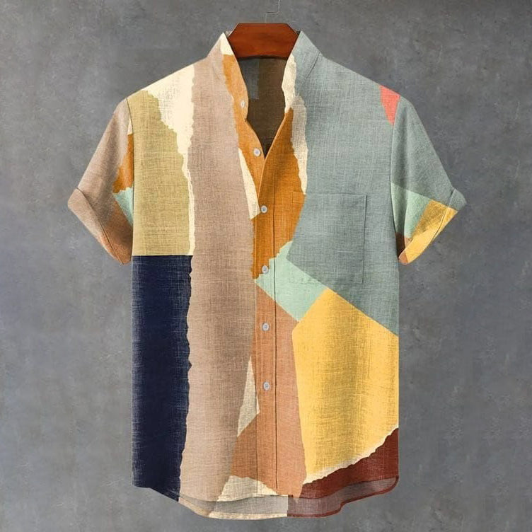 Men's Geometric Color Block Abstract Art Print Linen Blend Short-sleeve Shirt