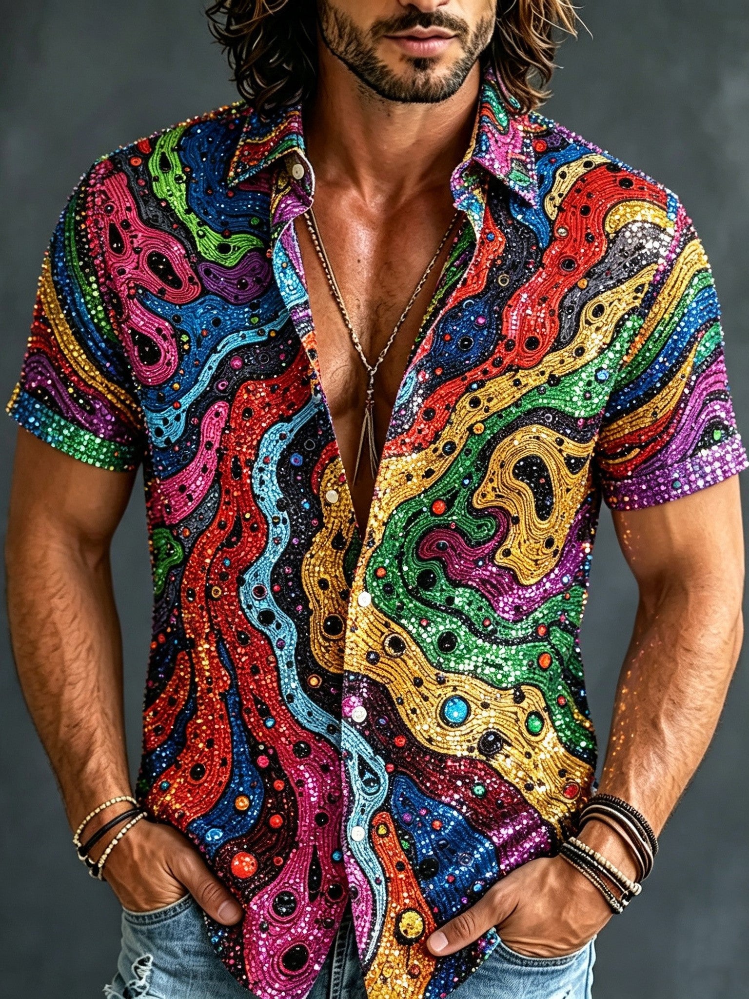 Men's Retro Bohemian Hippie Style Patterned Sequin Print Short-sleeve Shirt