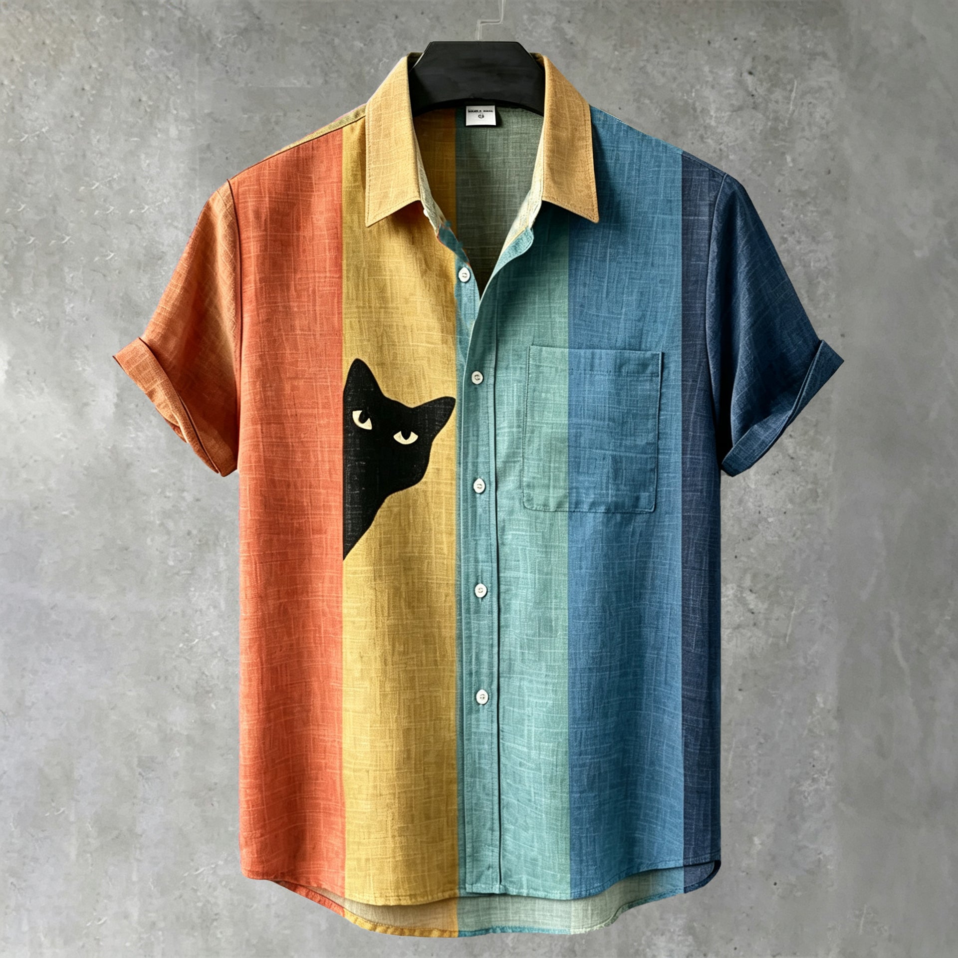 Men's Vintage Black Cat Contrast Stripes Short Sleeve Collared Shirt