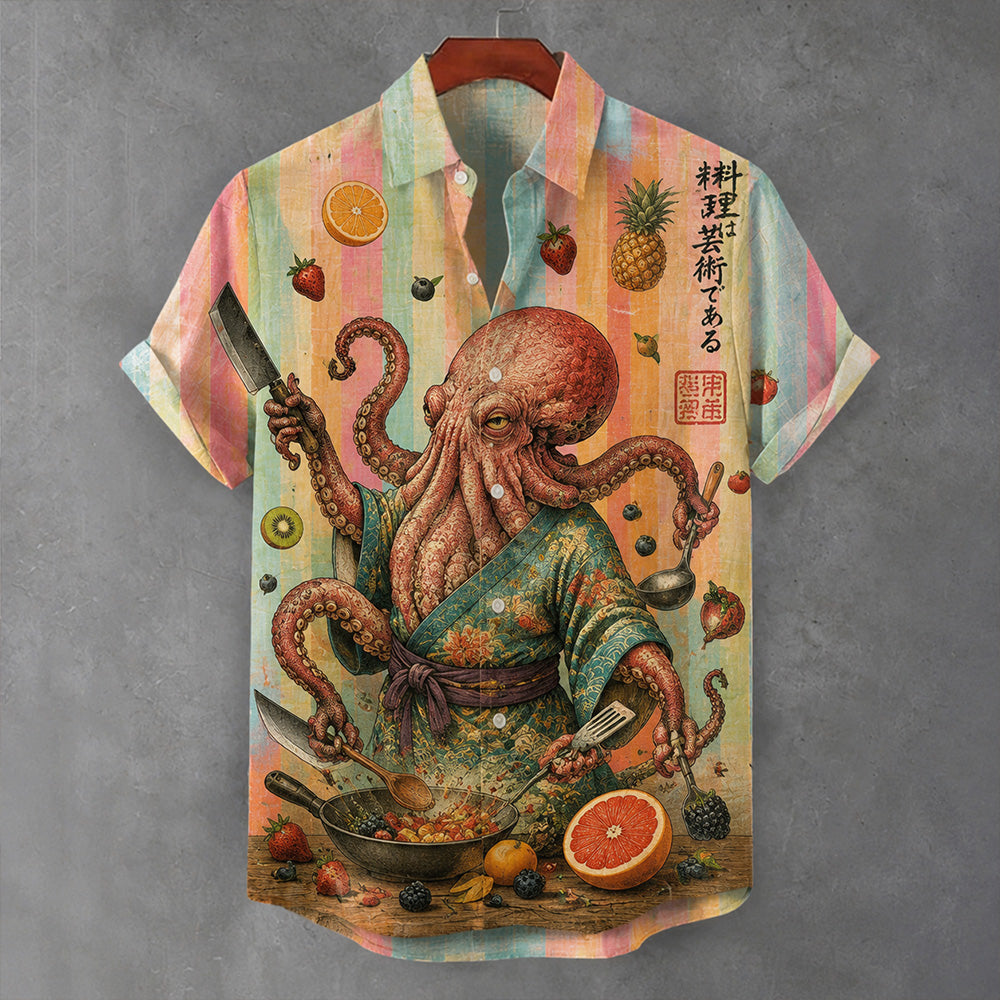Japanese Retro-style Fruit-cutting Octopus Art Short-sleeved Shirt
