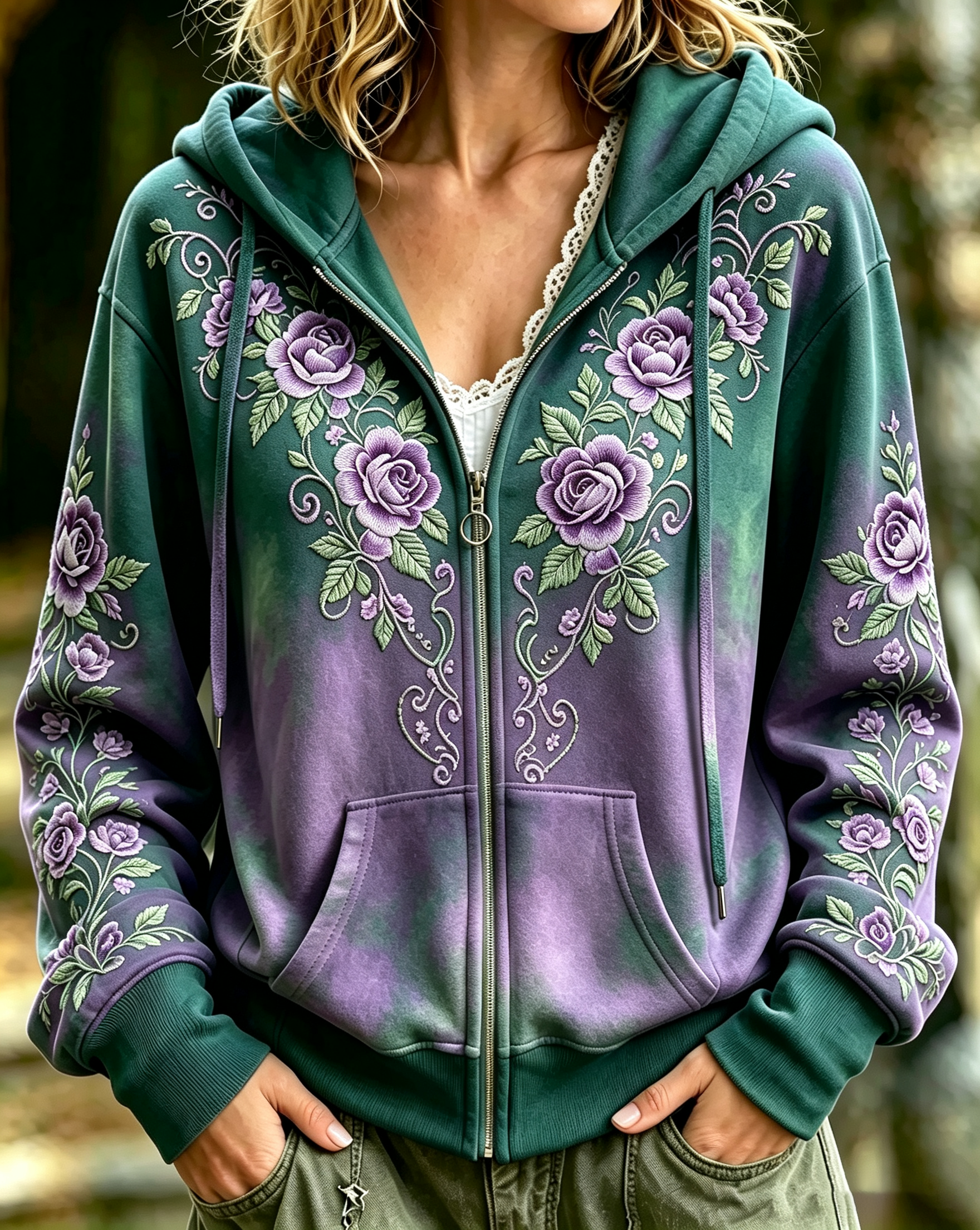 Women's Retro Rose Floral Art Print Cozy Zipper Hoodie