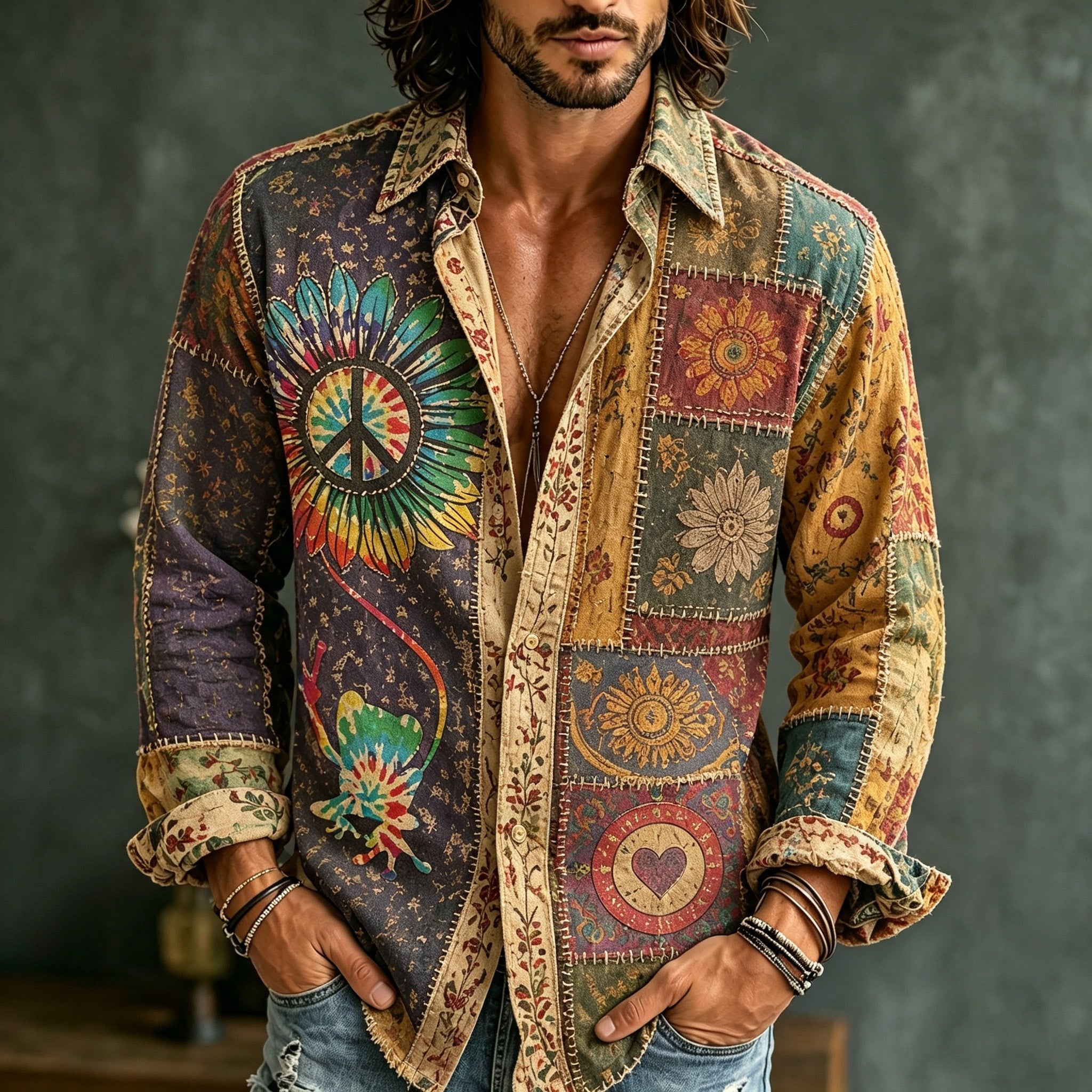 Men's Retro Bohemian Hippie Style Floral Patchwork Print Shirt