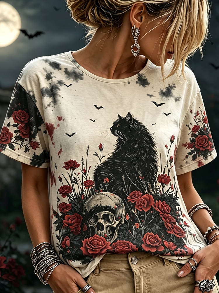 Women's Vintage-style Crewneck T-shirt With Black Cat, Skull, And Red Rose Garden Print