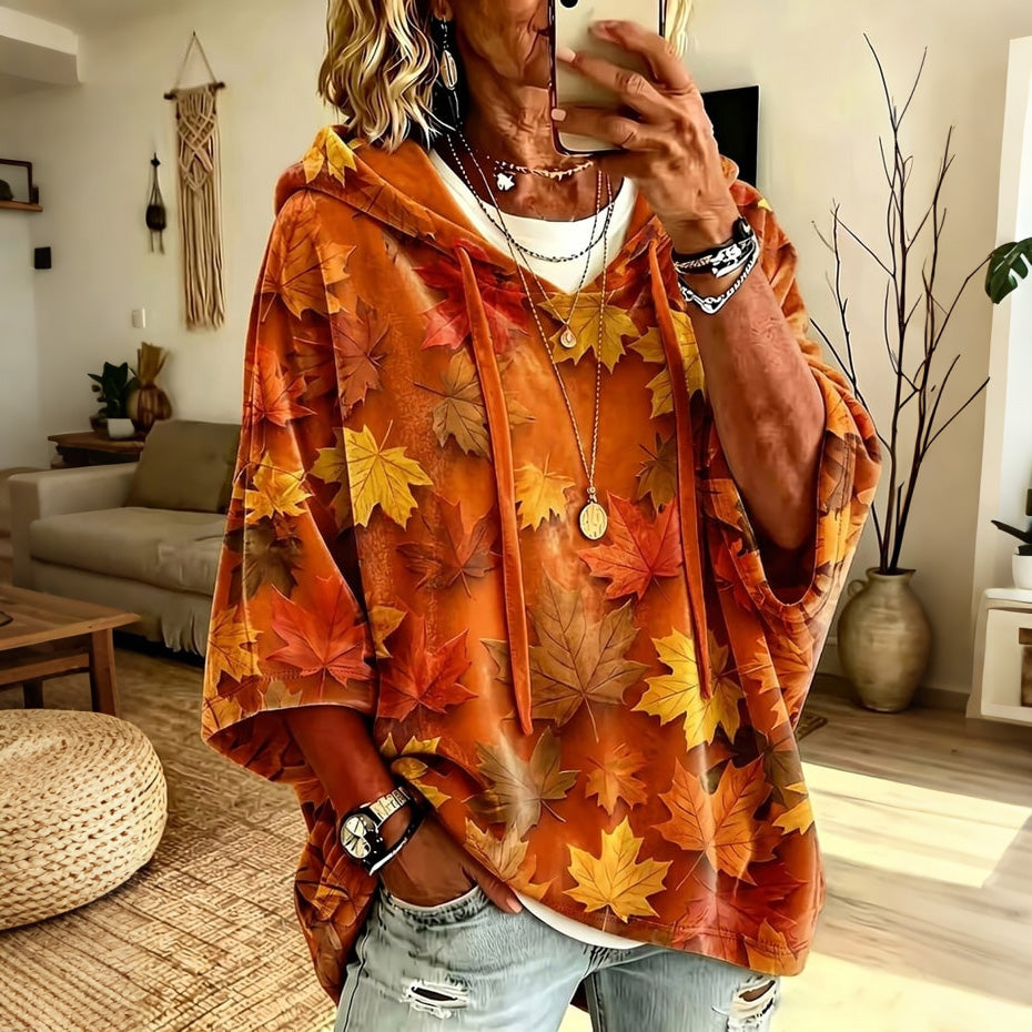 Women's Autumn Maple Leaf Print Half-sleeve Hoodie
