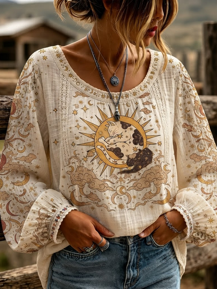Women's Boho Celestial Cat And Sun Print Long Sleeve Blouse