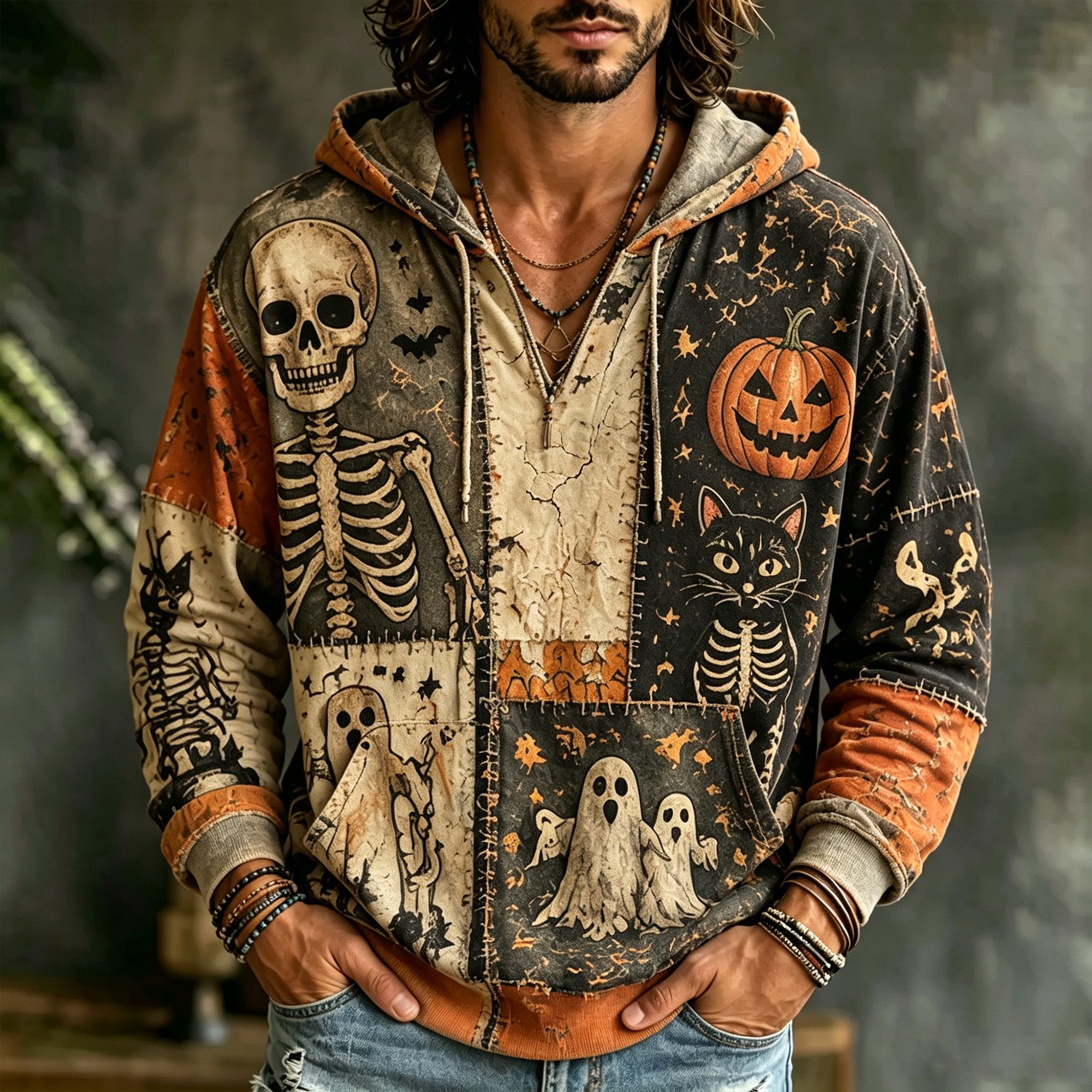 Men’s Vintage Distressed Skeleton Pumpkin Black Cat Ghost Graphic Patchwork Halloween Hoodie