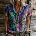 Women's Retro Bohemian Floral Print Cotton Linen Short-sleeve Shirt