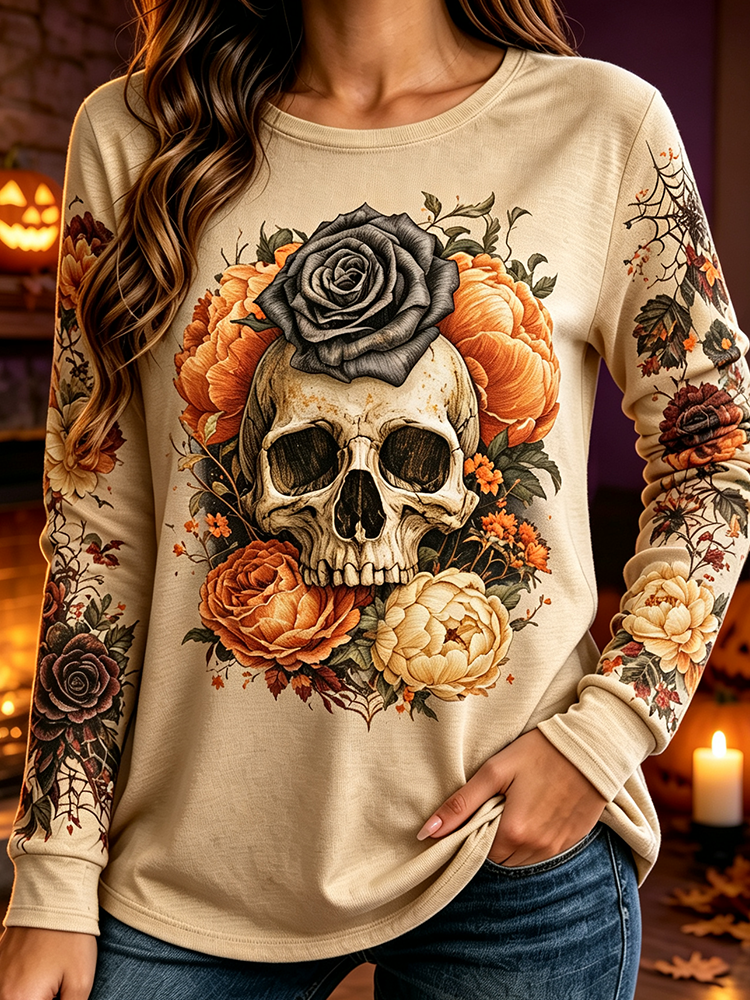 Women's Long-sleeve Crewneck Sweatshirt With Floral Skull And Vintage Rose Print