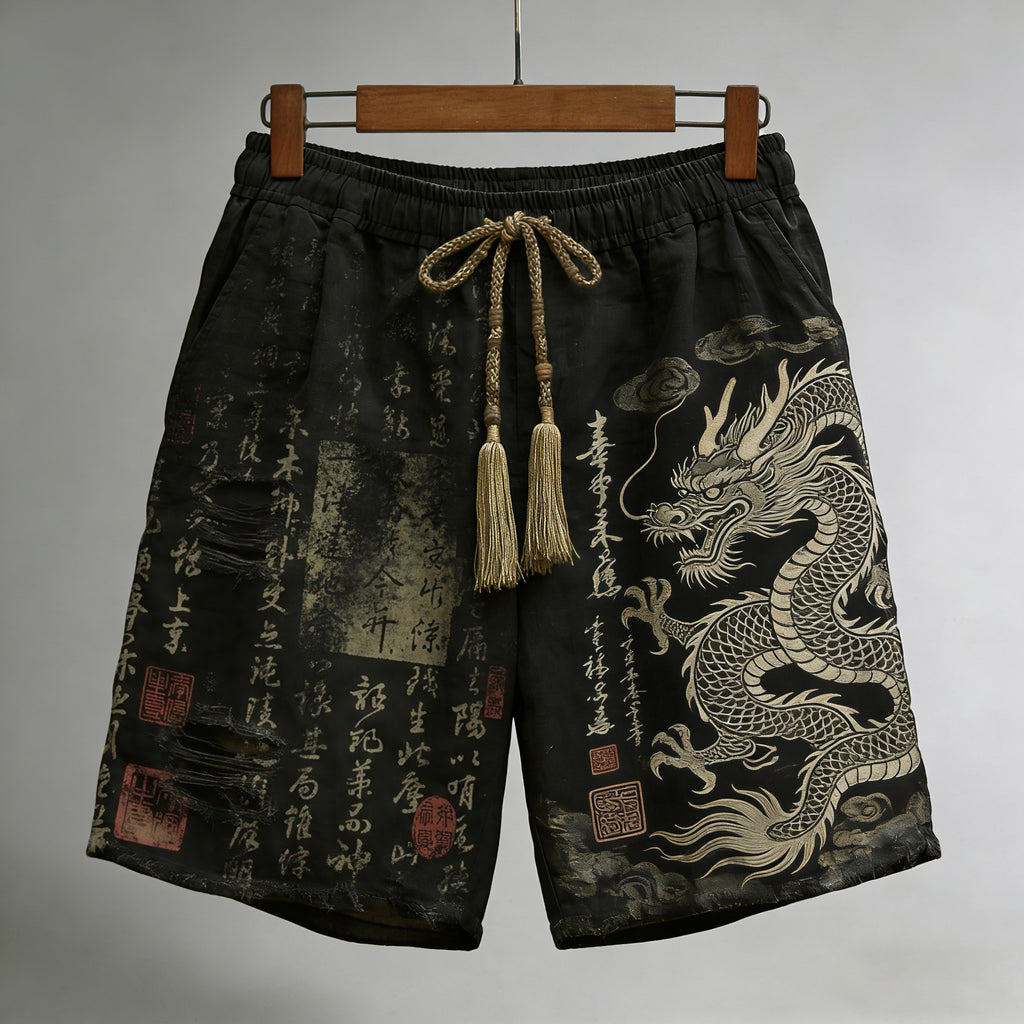 Men's Calligraphy With Dragon Art Pattern Linen Blend Casual Shorts