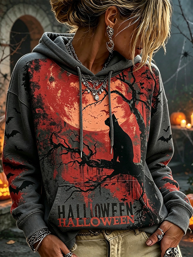 Women's Retro Halloween Distressed Red Moon Black Cat Silhouette Bat Eerie Pattern Pullover Sweatshirt