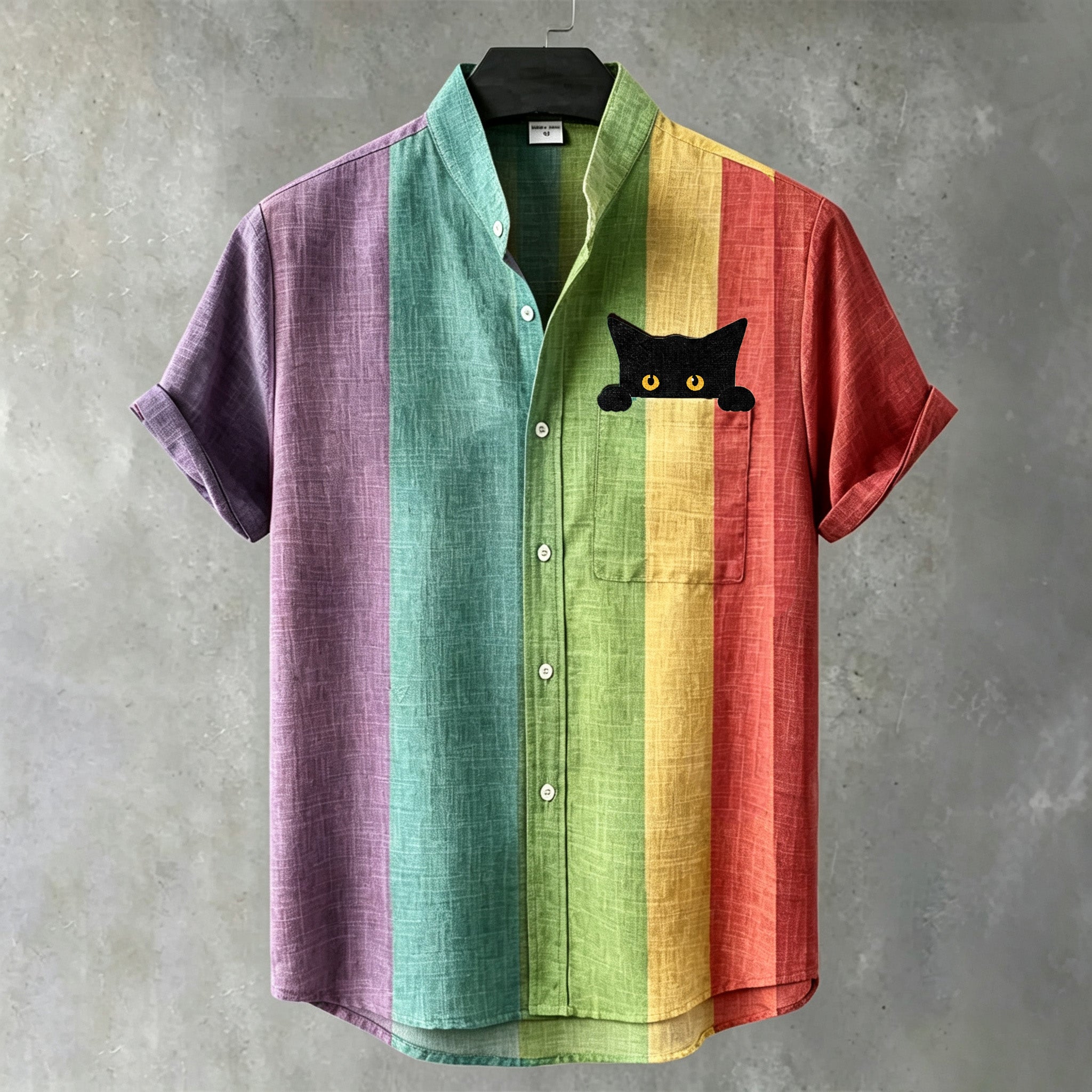 Men's Vintage Peeking Black Cat Contrast Stripes Art Casual Shirt