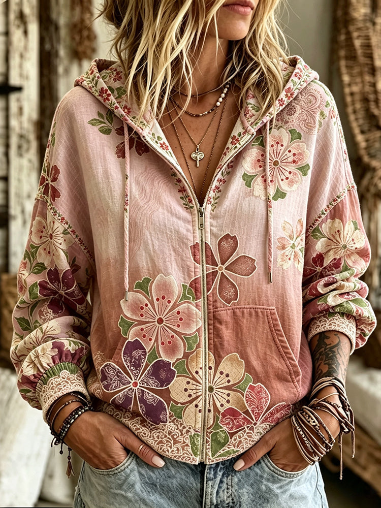 Women's Retro Vacation Gradient Floral Loose Hoodie