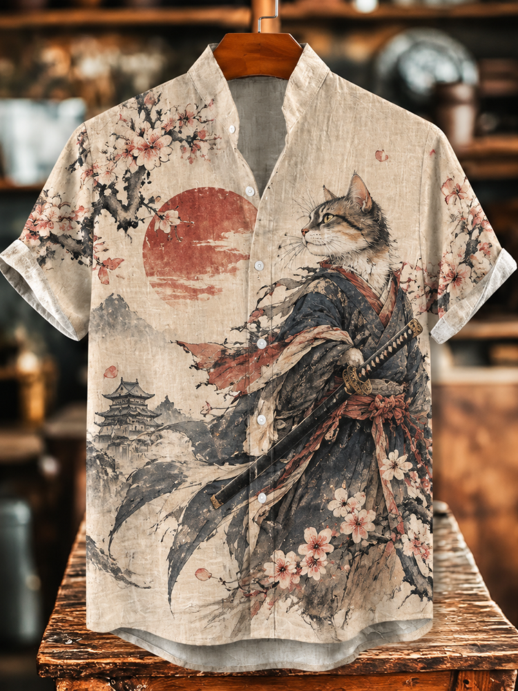 Men's Vintage Japanese Samurai Cat With Sword Art Print Short Sleeve Linen Shirt