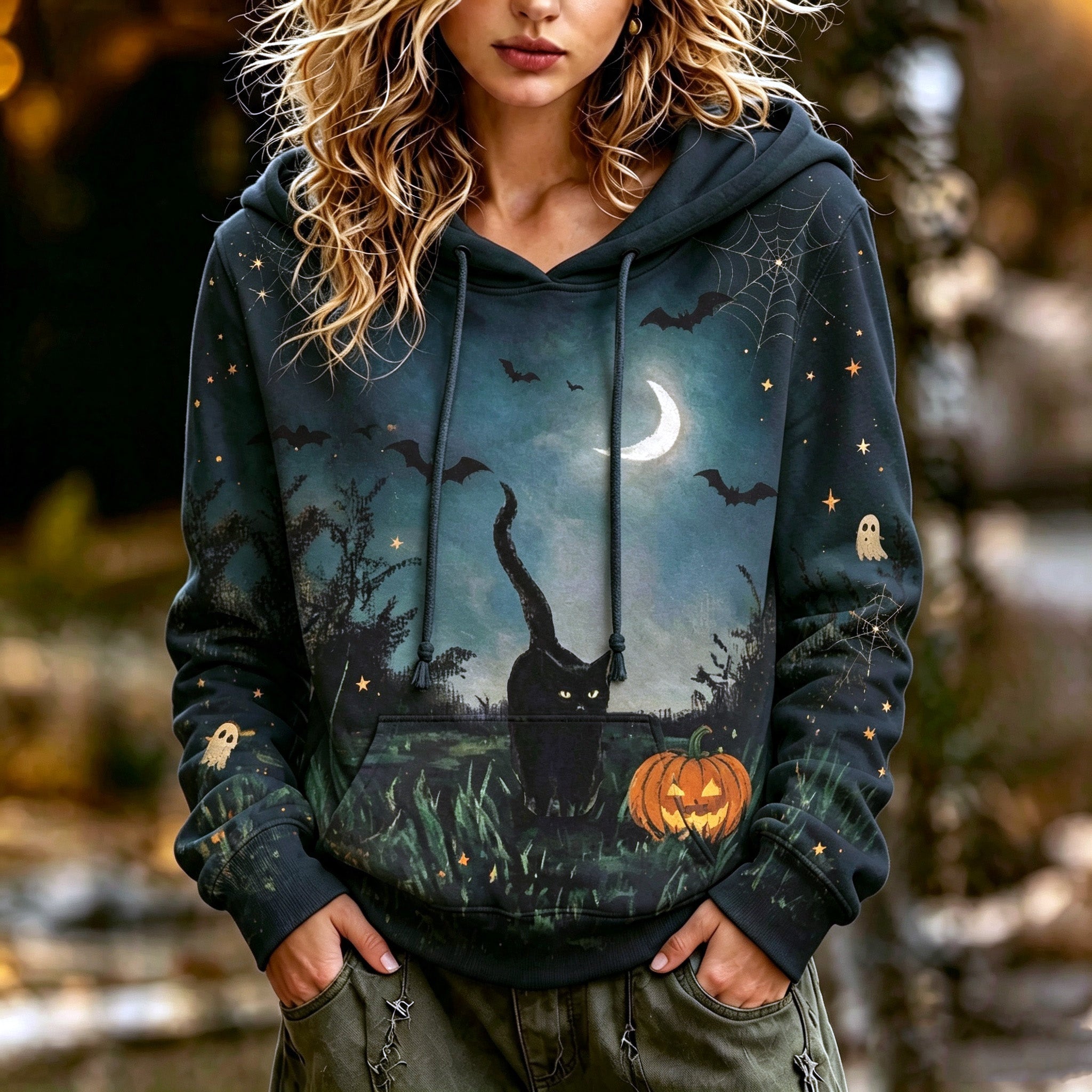 Women's Retro Halloween Cat Print Hoodie