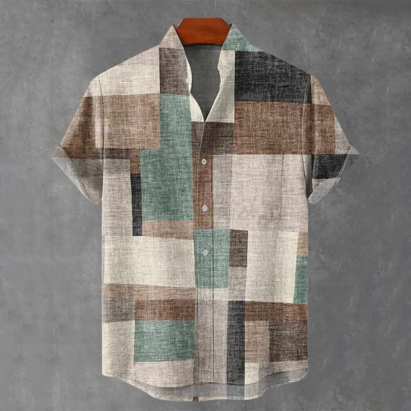 Vintage Geometry Color Block Art Print Casual Cotton Linen Short Sleeve Shirt