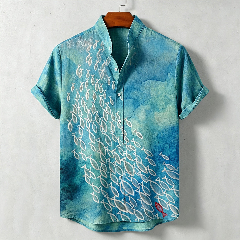 Men's Japanese Style Ocean Fish Print Casual Short-sleeved Shirt