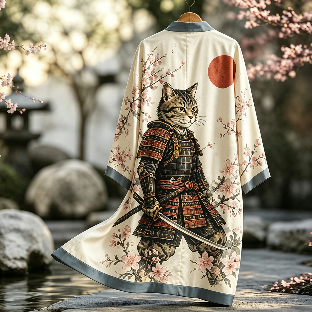 Men's Button-up Short-sleeve Shirt With Samurai Cat And Cherry Blossom Graphic Print