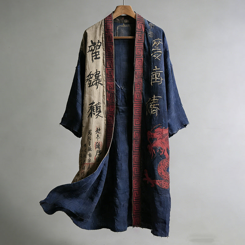 Men's Japanese Dragon Pattern Calligraphy And Painting Art Linen Long Kimono
