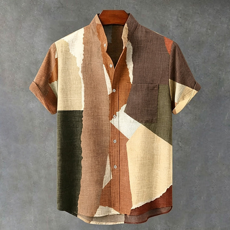Men's Geometric Color Block Abstract Art Print Linen Blend Short-sleeve Shirt