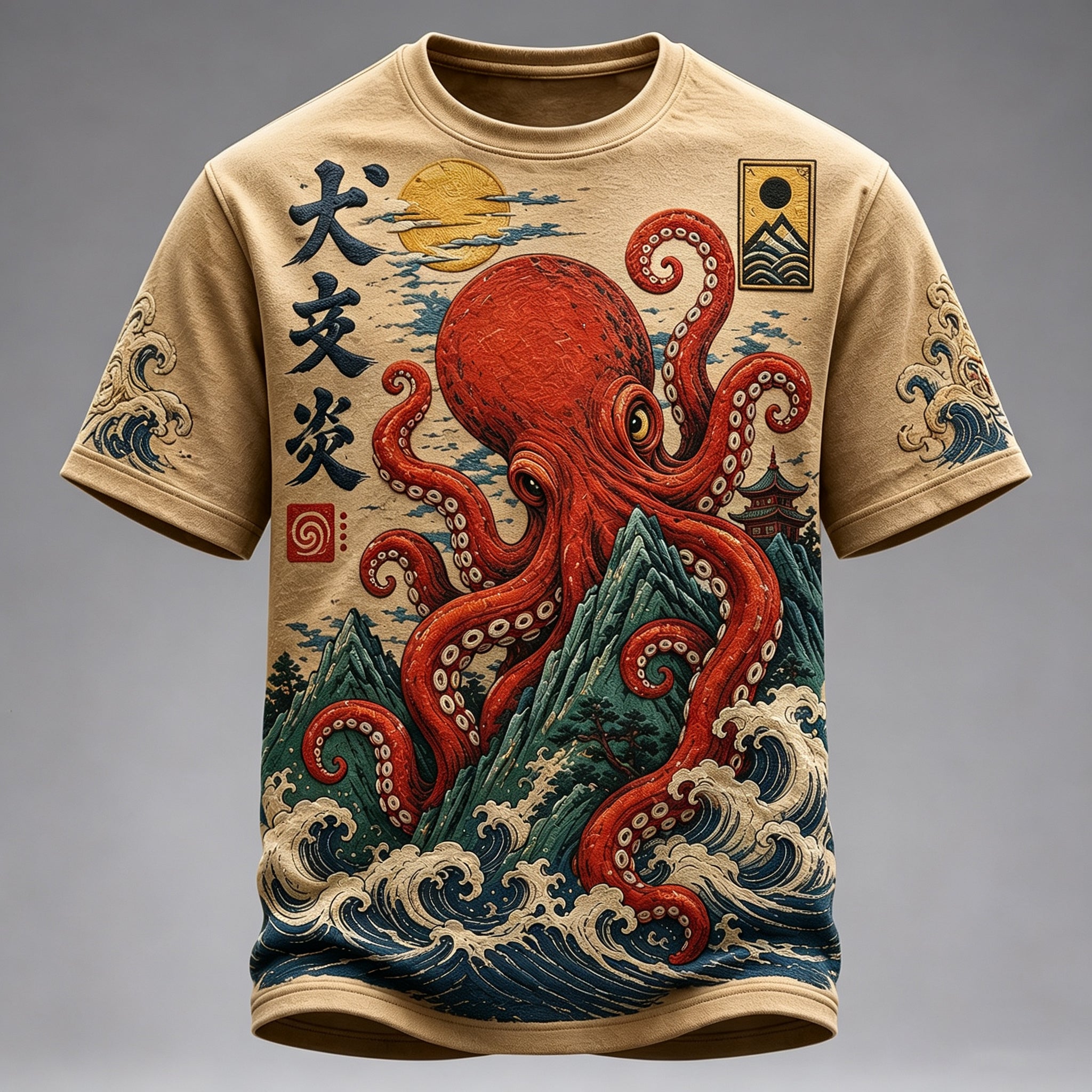 Men's Vintage Japanese Octopus And Wave Art Print Crew Neck Short Sleeve Casual T-shirt