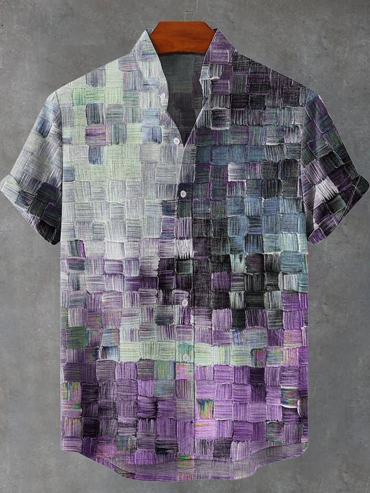 Oil Painting Style Lattice Vintage Art Print Casual Cotton Linen Shirt
