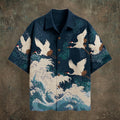 Japanese Wave & Crane Men's Casual Linen Short Sleeve Shirt