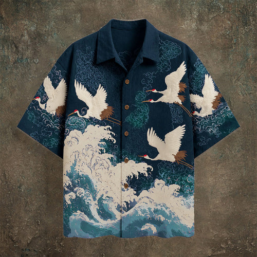 Japanese Wave & Crane Men's Casual Linen Short Sleeve Shirt