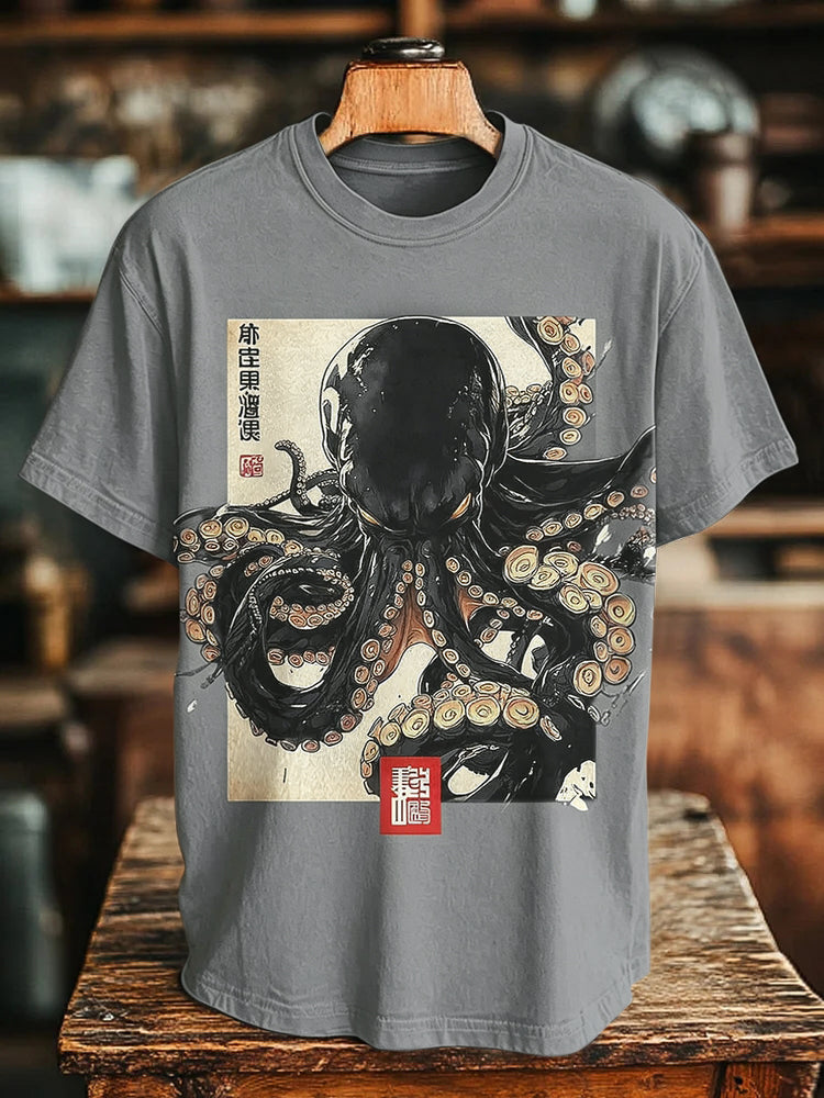 Men's Dark Octopus Japanese Art Print T-shirt