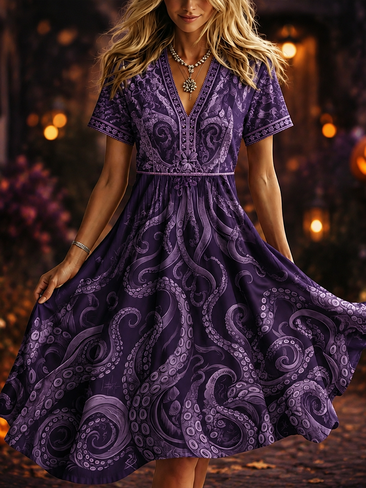 Women's Gothic Purple Octopus Tentacle Print V-neck Short Sleeve Flare Dress