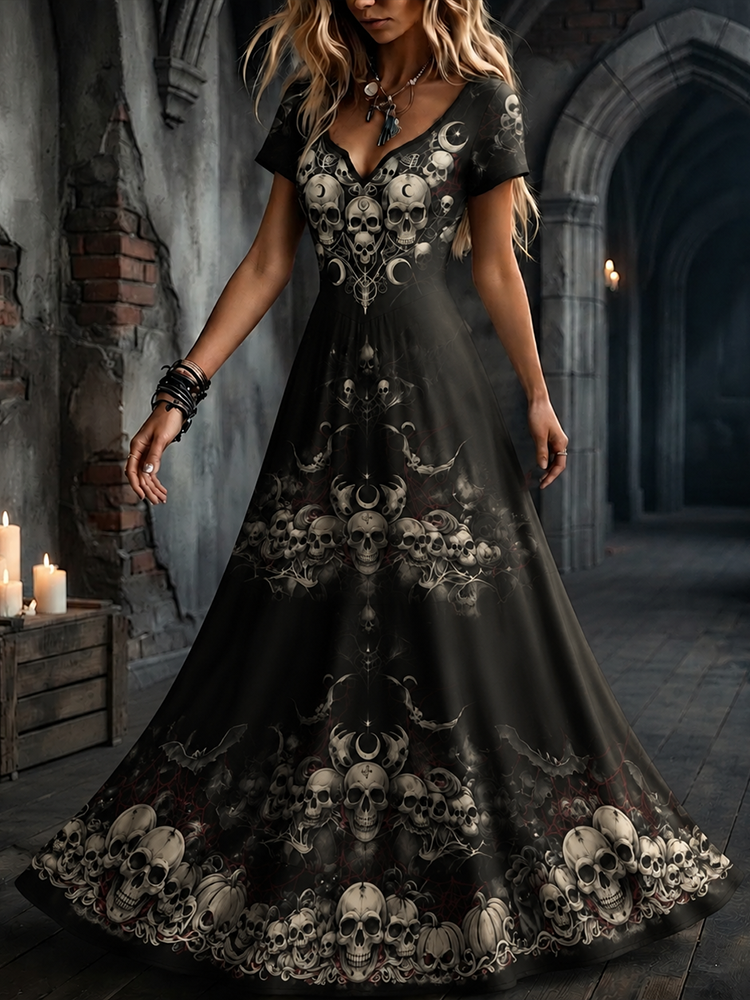 Women's Gothic Skull And Pumpkin Print Tiered Long Sleeve Maxi Dress