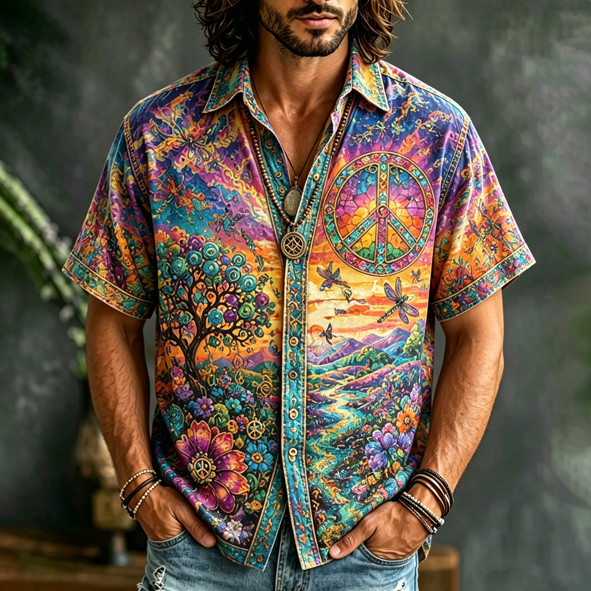 Men's Retro Hippie Psychedelic Peace Symbol Tree Of Life Floral Short Sleeve Shirt