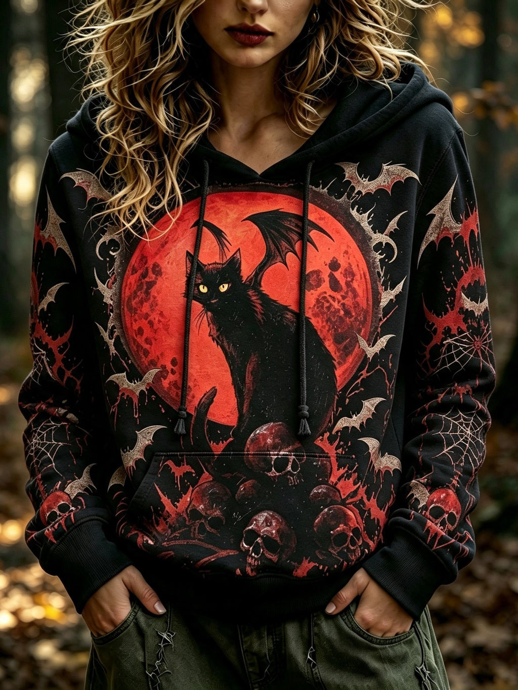 Women's Retro Bohemian Halloween Cat And Skull Print Hoodie