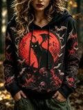 Women's Retro Bohemian Halloween Cat And Skull Print Hoodie