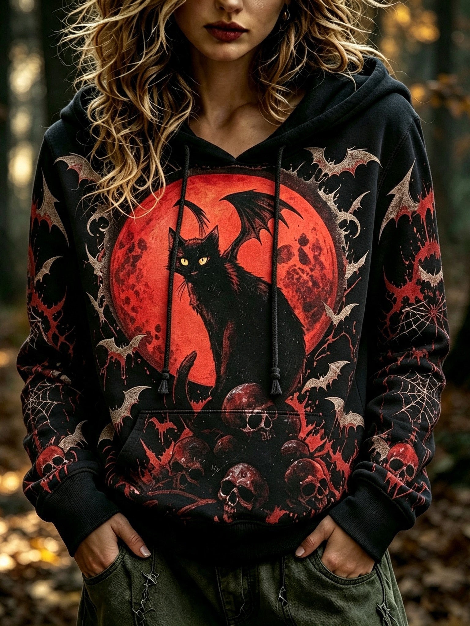 Women's Retro Bohemian Halloween Cat And Skull Print Hoodie