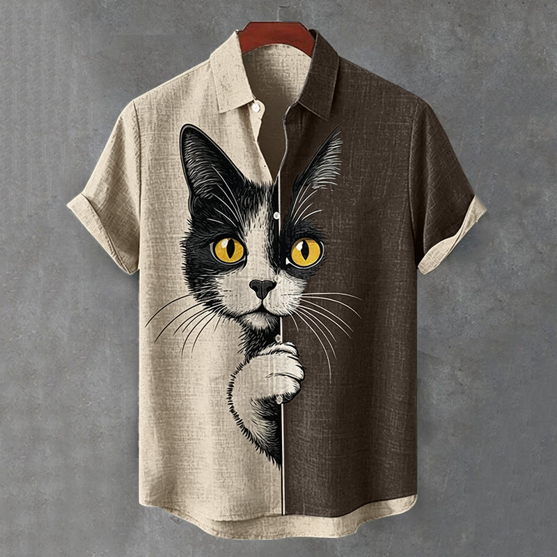 Men's  The Peeping Cat Colorblock Art Casual Short Sleeve Shirts