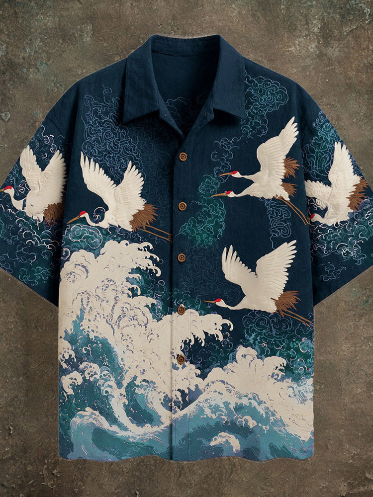 Japanese Wave & Crane Men's Casual Linen Short Sleeve Shirt