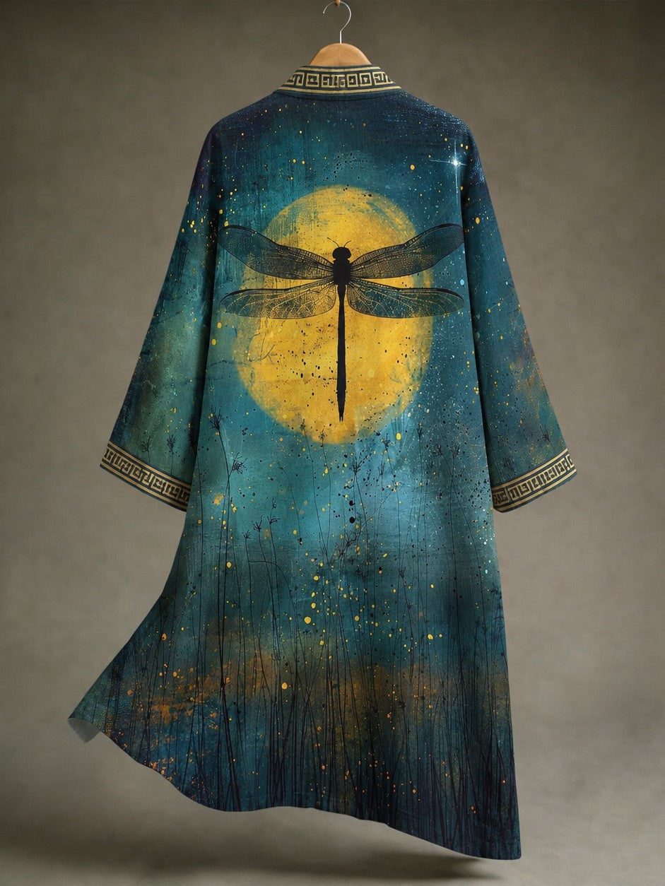 Men's Japanese-style Long Kimono With Floral And Dragonfly Prints