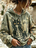Vintage Washed Halloween Skeleton Black Cat Ghost Floral Print Hooded Sweatshirt