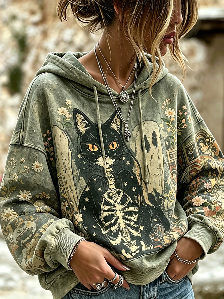 Vintage Washed Halloween Skeleton Black Cat Ghost Floral Print Hooded Sweatshirt