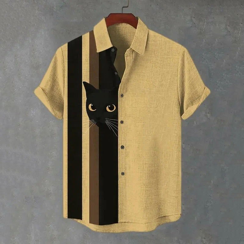 Men's Vintage Black Cat And Stripes Art Short Sleeve Shirt